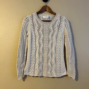 Crochet Creme Cotton White Whimsical Cottagecore Layering Sweater Sparrow Medium